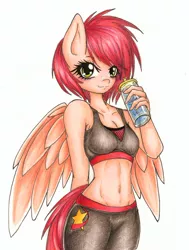 Size: 1024x1351 | Tagged: safe, artist:bunnywhiskerz, derpibooru import, oc, oc:red flyby, unofficial characters only, anthro, pegasus, abs, anthro oc, belly button, clothes, freckles, midriff, pants, simple background, solo, sports bra, traditional art, water bottle