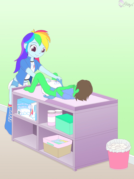 Size: 2259x3015 | Tagged: questionable, artist:princesspolly63, derpibooru import, rainbow dash, oc, oc:northern haste, equestria girls, abdl, baby powder, baby wipes, changing table, clothes, cute, cutie mark, cutie mark diapers, dashabetes, diaper, diaper bag, diaper fetish, diaper package, diapering, equestria girls-ified, jacket, laundry basket, northash, nursery, ocbetes, poofy diaper, shirt, shoes, socks, t-shirt, trash can