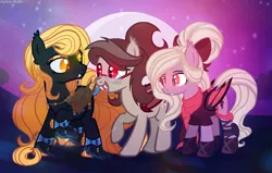 Size: 4418x2817 | Tagged: safe, artist:asika-aida, derpibooru import, oc, oc:regina liliac, oc:scarlet quill, oc:violet thorn, unofficial characters only, bat pony, pony, fangs, full moon, glasses, glowing eyes, kunoichi, moon, ninja, slit eyes, trio