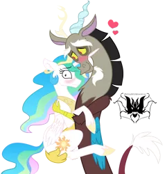 Size: 3830x3973 | Tagged: safe, artist:amysticalartist, artist:stepandy, derpibooru import, discord, princess celestia, blushing, dislestia, frown, heart, hug, male, shipping, shrunken pupils, simple background, straight, transparent background, unamused