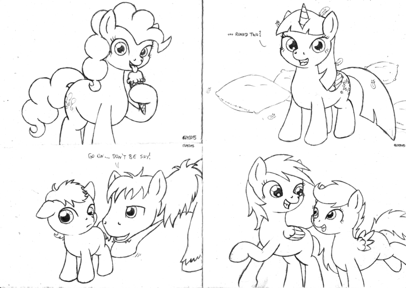 Size: 2330x1655 | Tagged: safe, artist:merkleythedrunken, derpibooru import, big macintosh, pinkie pie, rainbow dash, scootaloo, twilight sparkle, twilight sparkle (alicorn), oc, alicorn, pony, food, ice cream, male, monochrome, pillow, pillow fight, scootalove, sketch, sketch dump