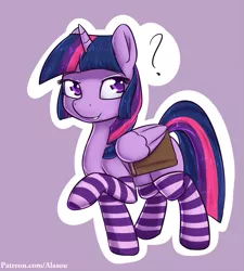 Size: 1125x1250 | Tagged: safe, artist:alasou, deleted from derpibooru, derpibooru import, twilight sparkle, twilight sparkle (alicorn), alicorn, pony, book, clothes, colored pupils, cute, looking back, looking up, purple background, question mark, raised hoof, simple background, smiling, socks, solo, striped socks, twiabetes, wing hold