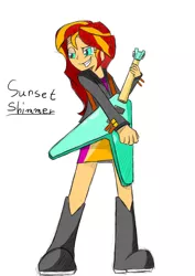 Size: 849x1200 | Tagged: safe, artist:vermilion slap, derpibooru import, sunset shimmer, equestria girls, boots, clothes, electric guitar, flying v, guitar, jacket, leather jacket, pixiv, playing, skirt, solo, sunset shredder