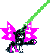 Size: 162x170 | Tagged: arm cannon, crossover, derpibooru import, lightsaber, magic, megaman, megapony, mettaton, mettaton neo, pixel art, queen chrysalis, safe, simple background, solo, sprite, star wars, sword, transparent background, undertale, video game, weapon