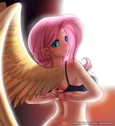 Size: 900x984 | Tagged: adorasexy, artist:racoonsan, backlighting, big breasts, black underwear, bra, breasts, busty fluttershy, clothes, cute, derpibooru import, female, fluttershy, human, humanized, looking at you, looking back, :o, open mouth, rear view, sexy, shyabetes, solo, solo female, spread wings, stupid sexy fluttershy, suggestive, underwear, undressing, winged humanization