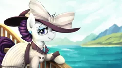 Size: 2000x1125 | Tagged: artist:blackligerth, clothes, costume, derpibooru import, hat, ocean, ppov, raristocrat, rarity, rose dewitt bukater, safe, solo, titanic