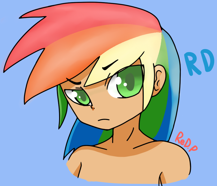 Size: 900x770 | Tagged: artist:redprep, blue background, bust, changeling, derpibooru import, disguise, disguised changeling, green eyes, human, humanized, portrait, rainbow dash, safe, simple background, solo