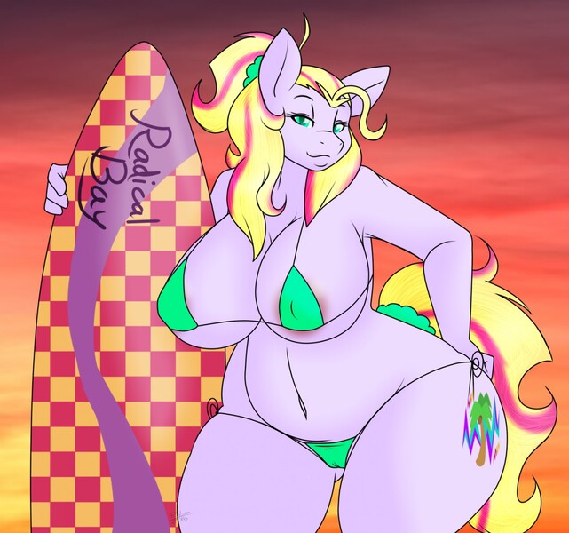 Size: 1280x1198 | Tagged: questionable, derpibooru import, oc, oc:radical bay, unofficial characters only, anthro, earth pony, anthro oc, big breasts, bikini, breasts, chubby, clothes, curvy, female, impossibly wide hips, looking at you, plump, surfboard, swimsuit, wide hips