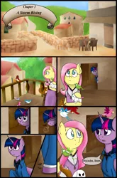 Size: 1280x1944 | Tagged: safe, artist:stuflox, derpibooru import, angel bunny, fluttershy, twilight sparkle, twilight sparkle (alicorn), alicorn, bird, pony, comic:the count of monte rainbow, the count of monte rainbow, balcony, clothes, comic, mondego, monsparkle, shycedes, the count of monte cristo