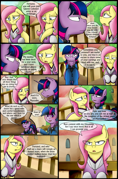 Size: 1280x1944 | Tagged: safe, artist:stuflox, derpibooru import, fluttershy, twilight sparkle, twilight sparkle (alicorn), alicorn, pony, comic:the count of monte rainbow, the count of monte rainbow, balcony, clothes, comic, mondego, monsparkle, shycedes, the count of monte cristo