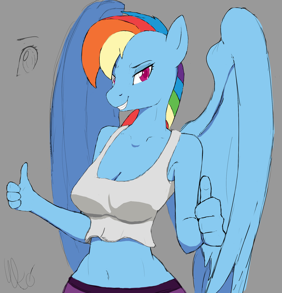 Size: 1280x1332 | Tagged: alternate hairstyle, anthro, artist:wynsten, belly button, breasts, cleavage, clothes, derpibooru import, female, grin, looking at you, midriff, rainbow dash, safe, smiling, solo, tanktop, thumbs up