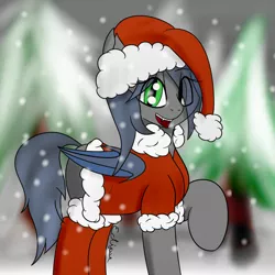 Size: 1500x1500 | Tagged: safe, artist:eclipsepenumbra, derpibooru import, oc, oc:eclipse penumbra, unofficial characters only, bat pony, pony, christmas, clothes, fangs, green eyes, hair over one eye, hat, looking at you, santa hat, signature, smiling, snow, snowfall, socks, solo