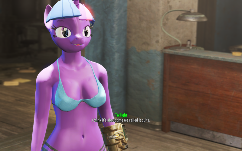 Size: 1440x900 | Tagged: 3d, anthro, artist:elvin, belly button, bikini, breasts, busty twilight sparkle, clothes, derpibooru import, dialogue, fallout 4, female, game mod, mod, pipboy, solo, solo female, suggestive, swimsuit, twilight sparkle