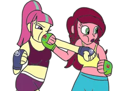 Size: 800x600 | Tagged: safe, artist:toyminator900, derpibooru import, gloriosa daisy, sour sweet, equestria girls, boxing, clothes, exeron fighters, exeron gloves, midriff, mma, punch, sports bra