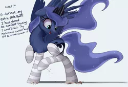 Size: 2500x1703 | Tagged: safe, artist:ncmares, derpibooru import, princess luna, pony, big-pon, clothes, cute, destruction, dialogue, floppy ears, giant pony, macro, mega luna, micro, open mouth, raised hoof, socks, spread wings, striped socks, thigh highs