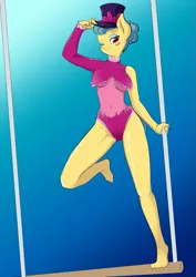 Size: 911x1290 | Tagged: suggestive, artist:d-lowell, derpibooru import, trapeze star, anthro, earth pony, plantigrade anthro, viva las pegasus, barefoot, belly button, busty trapeze star, clothes, feet, female, hat, leotard, looking at you, one eye closed, performer, raised leg, smiling, smirk, solo, solo female, top hat, wink