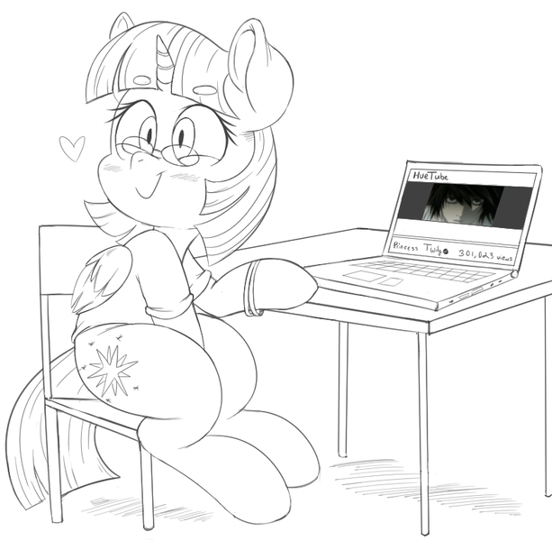 Size: 783x766 | Tagged: safe, artist:purple-yoshi-draws, derpibooru import, twilight sparkle, twilight sparkle (alicorn), alicorn, pony, blushing, bracelet, clothes, computer, death note, eager, glasses, heart, jewelry, l lawliet, laptop computer, monochrome, shirt, simple background, sitting, smiling, solo, white background, youtube