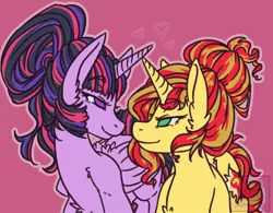 Size: 1280x996 | Tagged: safe, artist:pastel-pony-pictures, deleted from derpibooru, derpibooru import, sunset shimmer, twilight sparkle, twilight sparkle (alicorn), alicorn, pony, alternate hairstyle, bedroom eyes, chest fluff, cute, ear fluff, eye contact, female, heart, horns are touching, lesbian, lidded eyes, looking at each other, no catchlights, no pupils, pink background, shipping, simple background, smiling, sunsetsparkle