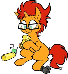 Size: 683x739 | Tagged: safe, artist:egophiliac, derpibooru import, oc, oc:sunflare, unofficial characters only, pony, unicorn, blank flank, foal, glasses, smoothie, solo, telescope