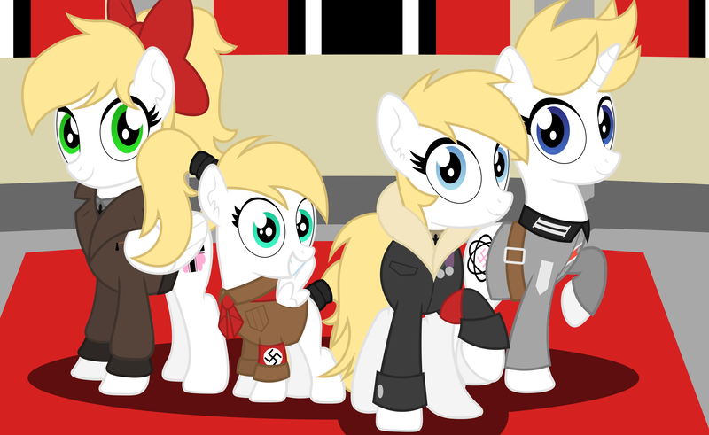 Size: 4843x2972 | Tagged: safe, artist:rainbowsurvivor, derpibooru import, oc, oc:aryanne, oc:franziska, oc:kyrie, oc:luftkrieg, unofficial characters only, earth pony, pegasus, pony, unicorn, armband, aryan, aryan pony, ascot, belt, blonde, bow, carpet, clothes, coat, commission, cross, cutie mark, family, female, filly, flag, folded wings, germany, grin, group, group photo, hair bow, heart, hitler youth, jacket, looking at you, luftwaffe, mare, medal, mother and daughter, nazi, nazipone, ponytail, quartet, raised hoof, schutzstaffel, show accurate, sisters, smiling, spread wings, swastika, uniform, wehrmacht, wings