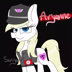 Size: 540x540 | Tagged: artist needed, safe, derpibooru import, oc, oc:aryanne, unofficial characters only, earth pony, pony, armband, big ears, clothes, eye lashes, female, hat, heart, nazi, shirt, smiling, solo, standing, swastika, uniform