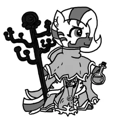 Size: 640x600 | Tagged: safe, artist:ficficponyfic, derpibooru import, deity, zebra, colt quest, ambiguous gender, clothes, confident, cyoa, ear piercing, god, goddess, jewelry, monochrome, piercing, potion, robe, smiling, solo, staff, story included, wood