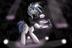 Size: 6600x4363 | Tagged: safe, artist:strachattack, derpibooru import, vinyl scratch, pony, absurd resolution, bipedal, concert, crowd, hologram, magic, open mouth, solo, spotlight, stage, turntable, underhoof