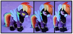Size: 3674x1753 | Tagged: artist:nazegoreng, clothes, costume, derpibooru import, goggles, irl, photo, plushie, rainbow dash, safe, shadowbolt dash, shadowbolts, shadowbolts costume, solo
