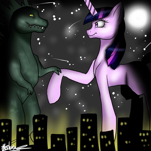 Size: 894x894 | Tagged: safe, artist:luna1159, derpibooru import, twilight sparkle, kaiju, pony, city, crossover, giant pony, godzilla, godzilla (series), macro, mega twilight sparkle