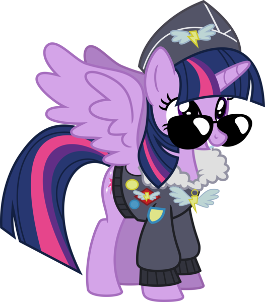 Size: 5000x5707 | Tagged: safe, artist:lman225, derpibooru import, commander easy glider, twilight sparkle, twilight sparkle (alicorn), alicorn, pony, testing testing 1-2-3, absurd resolution, ancient wonderbolts uniform, aviator glasses, clothes, cosplay, costume, female, hat, jacket, mare, simple background, solo, spread wings, sunglasses, transparent background, vector, wings
