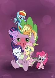 Size: 2469x3461 | Tagged: safe, artist:loreto-arts, derpibooru import, applejack, fluttershy, pinkie pie, rainbow dash, rarity, spike, twilight sparkle, biting, blood, blushing, crying, cute, dashabetes, diapinkes, eyes closed, flapping, floppy ears, hug, jackabetes, lidded eyes, mane seven, mane six, nom, nosebleed, open mouth, prone, raribetes, sad, shyabetes, sitting, sleeping, spike gets all the mares, twiabetes