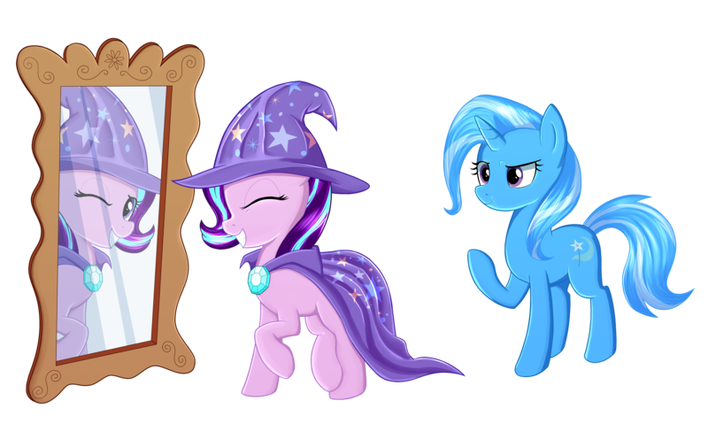 Size: 4488x2833 | Tagged: safe, artist:kas92, derpibooru import, starlight glimmer, trixie, pony, unicorn, accessory swap, mirror, one eye closed, raised hoof, simple background, smiling, the great and powerful, the great and powerful starlight, transparent background, trixie's cape, trixie's hat, wink