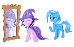 Size: 4488x2833 | Tagged: safe, artist:kas92, derpibooru import, starlight glimmer, trixie, pony, unicorn, accessory swap, mirror, one eye closed, raised hoof, simple background, smiling, the great and powerful, the great and powerful starlight, transparent background, trixie's cape, trixie's hat, wink