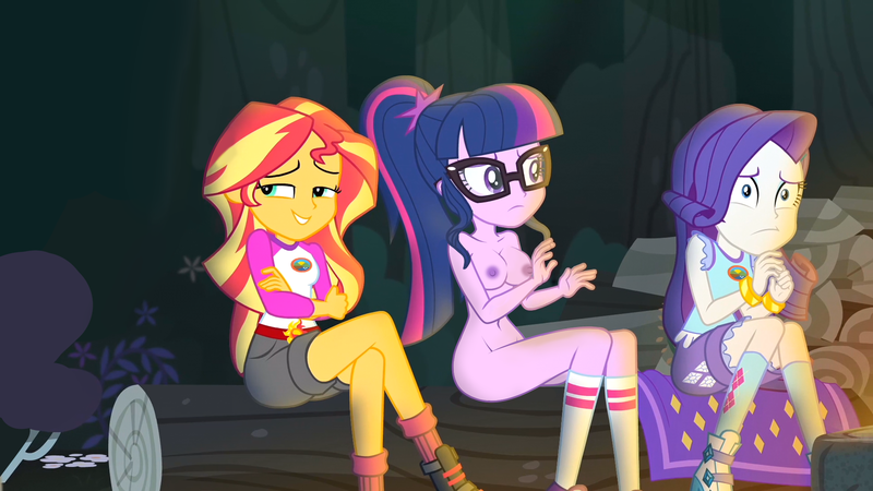 Size: 1920x1080 | Tagged: questionable, derpibooru import, edit, edited edit, edited screencap, editor:slayerbvc, screencap, rarity, sci-twi, sunset shimmer, twilight sparkle, equestria girls, legend of everfree, breast edit, breasts, campfire, casual nudity, clothed female nude female, female, nipples, nude edit, nudity, shoes only