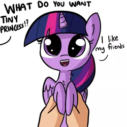 Size: 1080x1080 | Tagged: safe, artist:tjpones, derpibooru import, part of a set, twilight sparkle, twilight sparkle (alicorn), alicorn, pony, cute, dialogue, hand, holding a pony, looking at you, offscreen character, open mouth, part of a series, princess of friendship, simple background, tiny ponies, tjpones is trying to murder us, twiabetes, what do you want, white background