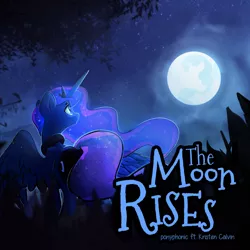 Size: 1200x1200 | Tagged: album, album cover, artist:darkflame75, derpibooru import, grass, kristen calvin, moon, night, night sky, ponyphonic, princess luna, safe, sky, solo, spread wings, stars, the moon rises, tree