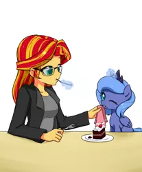 Size: 629x760 | Tagged: safe, artist:twilite-sparkleplz, derpibooru import, princess luna, sunset shimmer, equestria girls, cake, clothes, cute, daaaaaaaaaaaw, dessert, diabetes, feeding, filly, food, fork, glasses, lunabetes, magic, napkin, plate, twilite-sparkleplz is trying to murder us, weapons-grade cute, woona, younger