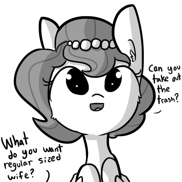 Size: 1080x1080 | Tagged: safe, artist:tjpones, derpibooru import, oc, oc:brownie bun, unofficial characters only, pony, horse wife, dialogue, holding a pony, monochrome, offscreen character, open mouth, simple background, solo, what do you want, white background