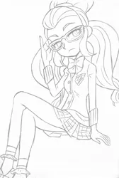 Size: 640x955 | Tagged: safe, artist:shinda mane, artist:union of the snake, artist:uotsda, derpibooru import, sugarcoat, equestria girls, friendship games, looking at you, monochrome, solo