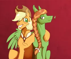 Size: 2022x1672 | Tagged: safe, artist:vindhov, derpibooru import, applejack, oc, oc:snap apple, pegasus, pony, bags under eyes, braid, collar, ear fluff, female, freckles, mare, mother and daughter, offspring, older, parent:applejack, parent:soarin', parents:soarinjack, red background, simple background