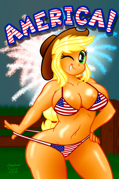 Size: 2000x3000 | Tagged: suggestive, artist:aleximusprime, derpibooru import, applejack, equestria girls, abs, american flag, american flag bikini, amerijack, applebucking thighs, belly button, big breasts, bikini, breasts, busty applejack, clothes, curvy, female, fireworks, flag bikini, hand on hip, looking at you, one eye closed, panties, panty pull, printed bikini, solo, solo female, swimsuit, thunder thighs, underwear, wide hips, wink