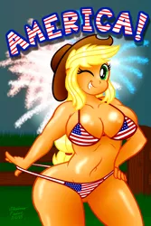 Size: 2000x3000 | Tagged: suggestive, artist:aleximusprime, derpibooru import, applejack, equestria girls, abs, american flag, american flag bikini, amerijack, applebucking thighs, belly button, big breasts, bikini, breasts, busty applejack, clothes, curvy, female, fireworks, flag bikini, hand on hip, looking at you, one eye closed, panties, panty pull, printed bikini, solo, solo female, swimsuit, thunder thighs, underwear, wide hips, wink