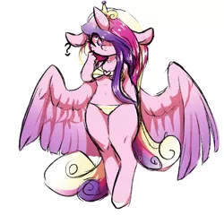 Size: 1024x1024 | Tagged: safe, artist:blastosunnydee, derpibooru import, princess cadance, anthro, unguligrade anthro, belly button, bikini, clothes, colored wings, cute, cutedance, floppy ears, gradient mane, gradient wings, hair over one eye, heart eyes, midriff, request, requested art, simple background, solo, swimsuit, white background, wingding eyes
