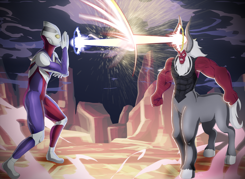 Size: 5369x3918 | Tagged: absurd resolution, artist:jeyrablue, beam struggle, commission, crossover, derpibooru import, fight, lord tirek, safe, ultraman, ultraman tiga