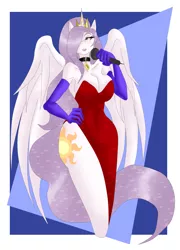Size: 1927x2671 | Tagged: alicorn, anthro, artist:audiomollyreplies, artist:silentpassion, big breasts, breasts, busty princess celestia, cleavage, clothes, collar, crossover, derpibooru import, dress, evening gloves, eyelashes, eyeshadow, female, gloves, hair over one eye, jessica rabbit, makeup, microphone, princess celestia, princess molestia, red dress, sideass, side slit, small head, solo, solo female, suggestive, who framed roger rabbit