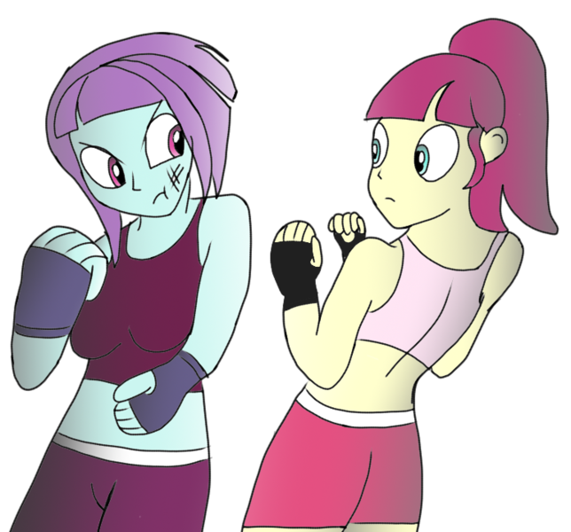 Size: 769x716 | Tagged: safe, artist:toyminator900, derpibooru import, majorette, sunny flare, sweeten sour, equestria girls, boxing, clothes, exeron fighters, exeron gloves, midriff, mma, sports bra, tanktop