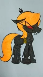 Size: 675x1200 | Tagged: artist:gh0st, blonde, changeling, changeling oc, crown, derpibooru import, fangs, jewelry, oc, oc:chip bobowski, orange changeling, pencil drawing, red eyes, regalia, safe, solo, traditional art, unofficial characters only