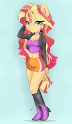 Size: 1170x2000 | Tagged: suggestive, artist:thebrokencog, derpibooru import, sunset shimmer, anthro, plantigrade anthro, equestria girls, adorasexy, belly button, boots, breasts, cleavage, clothes, cute, female, high heel boots, high heels, jacket, leather jacket, looking at you, midriff, sexy, skirt, solo, solo female