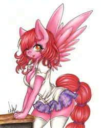 Size: 1024x1297 | Tagged: anthro, anthro oc, artist:bunnywhiskerz, breasts, cleavage, clothes, cute, derpibooru import, female, looking at you, oc, ocbetes, oc:sweetcake, one eye closed, pegasus, plaid, pleated skirt, sexy, skirt, socks, solo, suggestive, thigh highs, traditional art, unofficial characters only, wink, zettai ryouiki