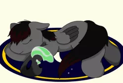 Size: 444x300 | Tagged: safe, artist:onyxpenstroke, derpibooru import, oc, oc:onyx penstroke, unofficial characters only, changeling, pegasus, pony, changeling oc, colored wings, colored wingtips, eyes closed, floppy ears, lying down, missing cutie mark, prone, rug, simple background, sleeping, smiling, solo, transformation